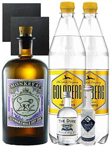 Gin-Set Monkey 47 Schwarzwald Dry Gin 0,5 Liter + The Duke München Dry Gin 5 cl + Citadelle Gin aus Frankreich 5 cl + 2 x Goldberg Tonic Water 1,0 Liter + 2 Schieferuntersetzer quadratisch 9,5 cm von Unbekannt