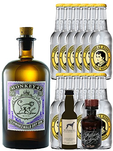 Gin-Set Monkey 47 Schwarzwald Dry Gin 0,5 Liter + Windspiel Premium Dry Gin Deutschland 0,04 Liter + Filliers Premium Dry Gin Belgien 0,05 Liter MINIATUR, 12 x Thomas Henry Tonic Water 0,2 Liter von Unbekannt
