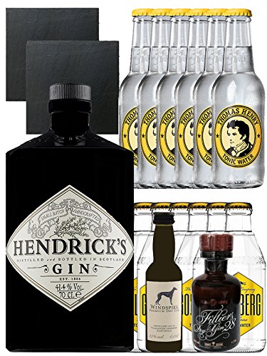 Gin-Set Monkey 47 Schwarzwald Dry Gin 0,5 Liter + Windspiel Premium Dry Gin Deutschland 0,04 Liter + Filliers Premium Dry Gin Belgien 0,05 Liter MINIATUR, 6 x Thomas Henry Tonic Water 0,2 Liter, 6 x Goldberg Tonic Water 0,2 Liter + 2 Schieferuntersetzer q von Unbekannt