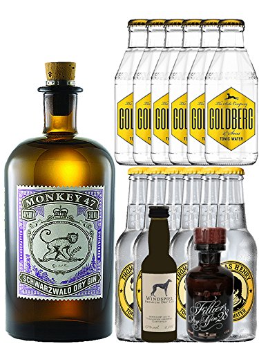 Gin-Set Monkey 47 Schwarzwald Dry Gin 0,5 Liter + Windspiel Premium Dry Gin Deutschland 0,04 Liter + Filliers Premium Dry Gin Belgien 0,05 Liter MINIATUR, 6 x Thomas Henry Tonic Water 0,2 Liter, 6 x Goldberg Tonic Water 0,2 Liter von Unbekannt