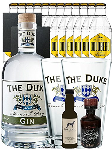 Gin-Set The Duke München Dry BIO Gin 0,7 Liter + Windspiel Dry Gin 0,04 Liter + Filliers Dry Gin 0,05 Liter, 12 x Goldberg Tonic Water 0,2 Liter + 2 Schieferuntersetzer quadratisch 9,5 cm + 2 x The Duke Long Drink Glas 0,3 Liter von Unbekannt