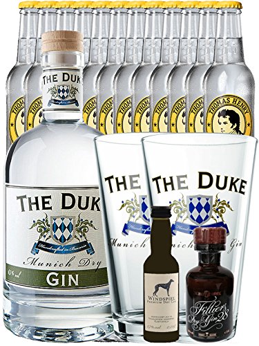 Gin-Set The Duke München Dry BIO Gin 0,7 Liter + Windspiel Premium Dry Gin Deutschland 0,04 Liter + Filliers Premium Dry Gin Belgien 0,05 Liter MINIATUR, 12 x Thomas Henry Tonic Water 0,2 Liter + 2 x The Duke Long Drink Glas 0,3 Liter von Unbekannt