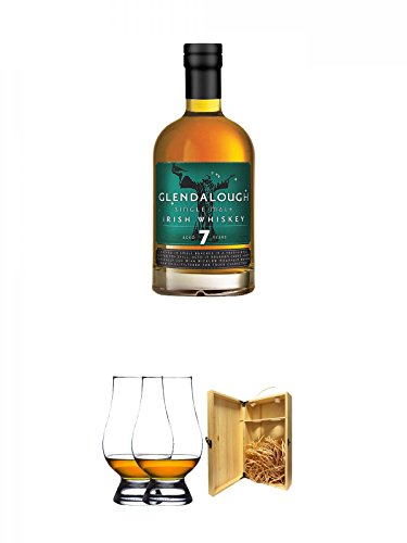 Glendalough 7 Jahre Single Malt Whiskey 0,7 Liter + The Glencairn Glass Whisky Glas Stölzle 2 Stück + 1a Whisky Holzbox für 2 Flaschen mit Hakenverschluss von Diverse