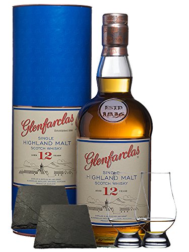 Glenfarclas 12 Jahre Speyside Single Malt Whisky 0,7 Liter + 2 Glencairn Gläser und 2 Schiefer Glasuntersetzer 9,5 cm von Unbekannt