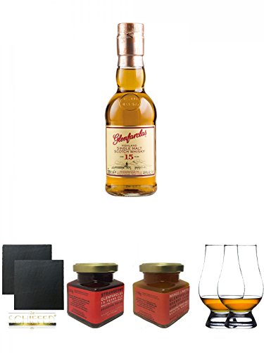 Glenfarclas 15 Jahre Single Malt Whisky 0,2 Liter (MIDI) + Schiefer Glasuntersetzer eckig ca. 9,5 cm Ø 2 Stück + Glenfarclas 15 Jahre Erdbeer Marmelade 150g im Glas + Glenfarclas Sherry Cask Mango Limette Marmelade im 150g Glas + The Glencairn Glass Whisk von Unbekannt