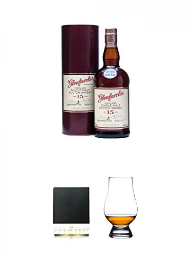 Glenfarclas 15 Jahre Single Malt Whisky 0,7 Liter + Schiefer Glasuntersetzer eckig ca. 9,5 cm Durchmesser + The Glencairn Glass Whisky Glas Stölzle 1 Stück von Diverse