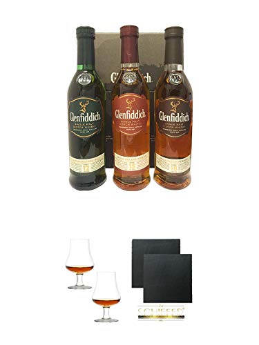 Glenfiddich MIX Pack 12-15-18 3 x 0,2 Liter in GP + Stölzle Nosingglas für Whisky 2 Gläser - 1610031 + Schiefer Glasuntersetzer eckig ca. 9,5 cm Ø 2 Stück von Diverse