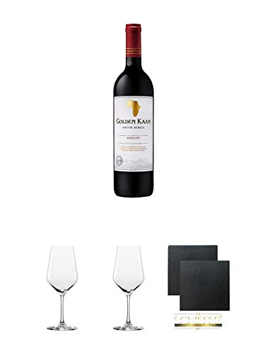 Golden Kaan Merlot 0,75 Liter + Rotweinglas Stölzle - 3770001 + Rotweinglas Stölzle - 3770001 + Schiefer Glasuntersetzer eckig ca. 9,5 cm Ø 2 Stück von Unbekannt