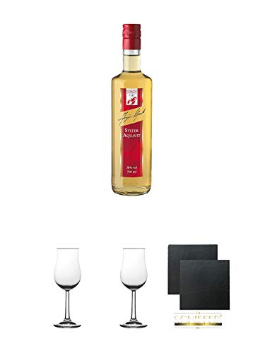 Gosch Sylter Aquavit Spezialität 0,7 Liter + 2 Bugatti Nosing Gläser mit Eichstrich 2cl und 4cl + 2 Schiefer Glasuntersetzer eckig ca. 9,5 cm Ø von Diverse