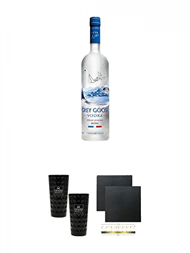 Grey Goose Vodka 0,7 Liter + Three Sixty black Vodka Glas 2 Stück (black) + Schiefer Glasuntersetzer eckig ca. 9,5 cm Ø 2 Stück von Diverse