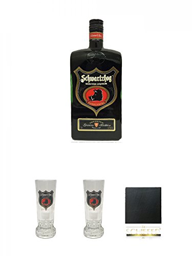 Hardenberg Schwartzhog Kräuterbitter 1,0 Liter + Schwartzhog Shot Glas 4cl 1 Stück + Schwartzhog Shot Glas 4cl 1 Stück + Schiefer Glasuntersetzer eckig ca. 9,5 cm Durchmesser von Diverse