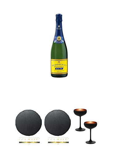 Heidsieck & Co Blue Top Monopole Champagner 0,75 Liter + Schiefer Glasuntersetzer RUND ca. 9,5 cm Durchmesser + Schiefer Glasuntersetzer RUND ca. 9,5 cm Durchmesser + Sektschale/Champagnerschale Stölzle 2 Gläser - Olympic Serie MATT-SCHWARZ BRONZE 2739408 von Unbekannt