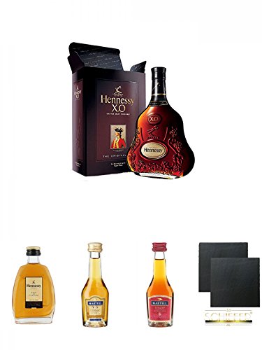 Hennessy XO Cognac Frankreich 0,7 Liter + Hennessy Fine de Cognac Frankreich 5 cl + Martell VS Fine de Cognac Frankreich 0,05 Liter MINI + Martell VSOP Cognac Frankreich 0,05 Liter MINI + Schiefer Glasuntersetzer eckig ca. 9,5 cm Ø 2 Stück von Unbekannt