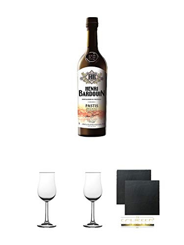 Henri Bardouin Anis Liqeur 0,7 Liter + 2 Bugatti Nosing Gläser mit Eichstrich 2cl und 4cl + 2 Schiefer Glasuntersetzer eckig ca. 9,5 cm Ø von Diverse