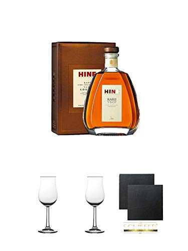 Hine Rare VSOP Cognac Frankreich 0,7 Liter + Nosing Gläser Kelchglas Bugatti mit Eichstrich 2cl und 4cl 1 Stück + Nosing Gläser Kelchglas Bugatti mit Eichstrich 2cl und 4cl 1 Stück + Schiefer Glasuntersetzer eckig ca. 9,5 cm Ø 2 Stück von Unbekannt