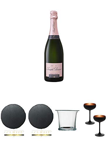 JOSEPH PERRIER - ROSE - Brut Champagner 0,75 Liter + Schiefer Glasuntersetzer RUND ca. 9,5 cm Durchmesser + Schiefer Glasuntersetzer RUND ca. 9,5 cm Durchmesser + Sekt/Champagnerkühler mundgeblasen 1 Stück - 2000055 + Sektschale/Champagnerschale Stölzle von Unbekannt