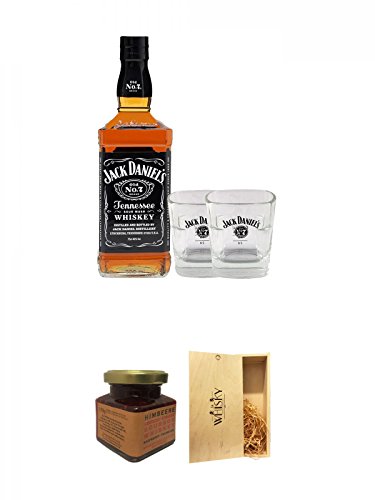 Jack Daniels Black Label No. 7-0,7 Liter + 2 x Jack Daniels Gläser + Kentucky Bourbon Himbeer-Marmelade 150 Gramm Glas + 1a Whisky Holzbox für 2 Flaschen mit Schiebedeckel von Diverse