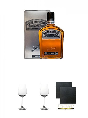 Jack Daniels Gentleman Jack 0,7 Liter + Whisky Nosing Gläser Kelchglas Bugatti mit Eichstrich 2cl und 4cl 1 Stück + Whisky Nosing Gläser Kelchglas Bugatti mit Eichstrich 2cl und 4cl 1 Stück + Schiefer Glasuntersetzer eckig ca. 9,5 cm Ø 2 Stück von Unbekannt