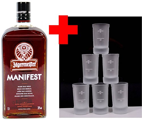 Jägermeister Manifest Limitiert 1,0 Liter + Jägermeister Frozen Club Shot Glas 4 cl 6 Stück von Diverse