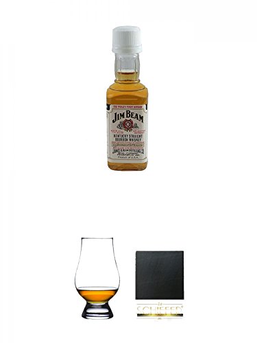 Jim Beam Bourbon Whiskey Miniatur 5 cl + The Glencairn Glass Whisky Glas Stölzle 1 Stück + Schiefer Glasuntersetzer eckig ca. 9,5 cm Durchmesser von Diverse