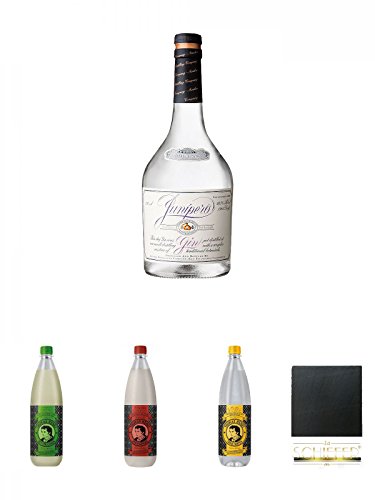 Junipero USA Gin 0,7 Liter + Thomas Henry Bitter Lemon 1,0 Liter + Thomas Henry Spicy Ginger 1,0 Liter + Thomas Henry Tonic Water 1,0 Liter + Schiefer Glasuntersetzer eckig ca. 9,5 cm Durchmesser von Diverse