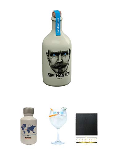 Knut Hansen Dry Gin 0,5 Liter + Nordes Atlantic Gin 0,05 Liter Miniatur + Gin Sul Copo Ballon Glas 1 Stück + Schiefer Glasuntersetzer eckig ca. 9,5 cm Durchmesser von Unbekannt