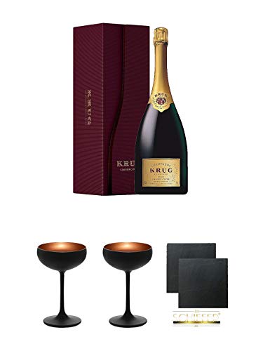 Krug Grande Cuvée Champagner 1,5 Liter + Sektschale Stölzle 1 Glas - Olympic Serie matt-schwarz BRONZE 2739408 + Sektschale Stölzle 1 Glas - Olympic Serie matt-schwarz BRONZE 2739408 + Schiefer Glasuntersetzer eckig ca. 9,5 cm Ø 2 Stück von Unbekannt