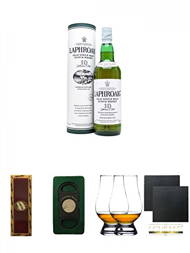 Laphroaig 10 Jahre Islay Single Malt Whisky 0,7 Liter + BrickHouse Streichhölzer + Craftsman's Bench Zigarrencutter + The Glencairn Glass Whisky Glas Stölzle 2 Stück + Schiefer Glasuntersetzer eckig ca. 9,5 cm Ø 2 Stück von Unbekannt