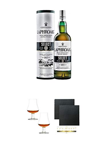 Laphroaig Select Islay Single Malt Whisky 0,7 Liter + Stölzle Nosingglas für Whisky 2 Gläser - 1610031 + Schiefer Glasuntersetzer eckig ca. 9,5 cm Ø 2 Stück von Diverse