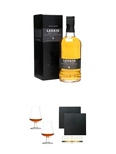 Ledaig 10 Jahre Single Malt Whisky 0,7 Liter + Stölzle Nosingglas für Whisky 2 Gläser - 1610031 + Schiefer Glasuntersetzer eckig ca. 9,5 cm Ø 2 Stück von Diverse