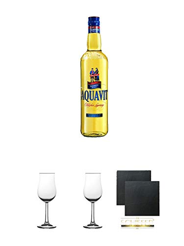 Lehment Rostocker AQUAVIT 0,7 Liter + Nosing Gläser Kelchglas Bugatti mit Eichstrich 2cl und 4cl 2 Stück + Schiefer Glasuntersetzer eckig ca. 9,5 cm Ø 2 Stück von Diverse