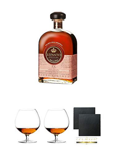 Lepanto P.X. Pedro Ximenz 0,7 Liter + Cognacglas/Schwenker Stölzle 1 Stück - 103/18 + Cognacglas/Schwenker Stölzle 1 Stück - 103/18 + Schiefer Glasuntersetzer eckig ca. 9,5 cm Ø 2 Stück von Unbekannt