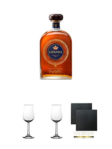 Lepanto Solera Gran Reserva 0,7 Liter + 2 Bugatti Nosing Gläser mit Eichstrich 2cl und 4cl + 2 Schiefer Glasuntersetzer eckig ca. 9,5 cm Ø von Diverse