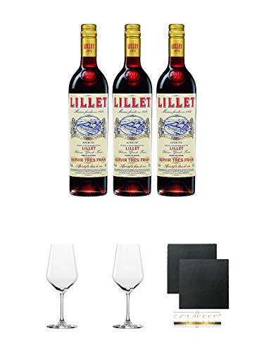 Lillet Rouge Weinaperitif Frankreich 3 x 0,75 Liter + Rotweinglas Stölzle - 3770001 + Rotweinglas Stölzle - 3770001 + Schiefer Glasuntersetzer eckig ca. 9,5 cm Ø 2 Stück von Unbekannt