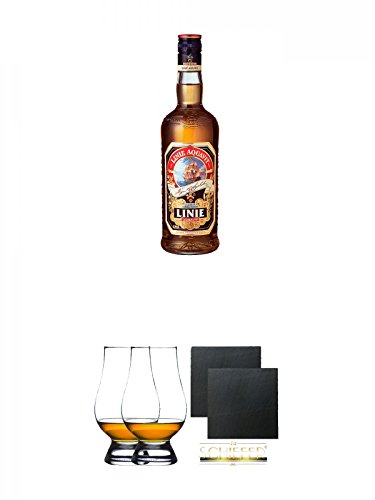 Linie Aquavit Norwegische Spezialität 1,0 Liter + The Glencairn Glas Stölzle 2 Stück + Schiefer Glasuntersetzer eckig ca. 9,5 cm Ø 2 Stück von Diverse