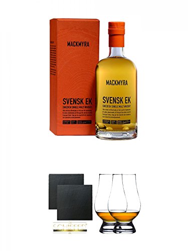 Mackmyra Svensk EK (46,1%) Single Malt 0,7 Liter + Schiefer Glasuntersetzer eckig ca. 9,5 cm Ø 2 Stück + The Glencairn Glass Whisky Glas Stölzle 2 Stück von Diverse