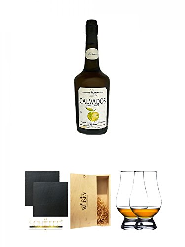 Marquis de Saint-Loup Calvados Reserve Pays d'Auge Frankreich 0,7 Liter + Schiefer Glasuntersetzer eckig ca. 9,5 cm Ø 2 Stück + 1a Whisky Holzbox für 2 Flaschen mit Schiebedeckel + The Glencairn Glass Whisky Glas Stölzle 2 Stück von Unbekannt