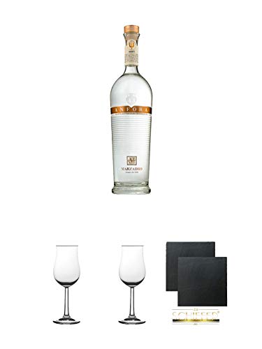 Marzadro Anfora Grappa Trentina 0,7 Liter + 2 Bugatti Nosing Gläser mit Eichstrich 2cl und 4cl + 2 Schiefer Glasuntersetzer eckig ca. 9,5 cm Ø von Diverse