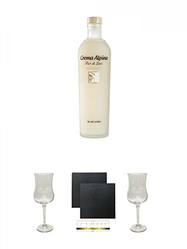 Marzadro Crema Alpina Fior di Latte Likör 0,7 Liter + Marzadro Grappa Gläser mit Eichstrich 2cl und 4cl 1 Stück + Schiefer Glasuntersetzer eckig ca. 9,5 cm Ø 2 Stück + Marzadro Grappa Gläser mit Eichstrich 2cl und 4cl 1 Stück von Unbekannt