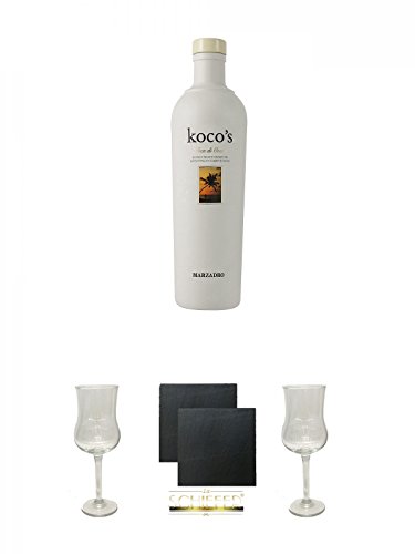 Marzadro Crema Kokos Likör 0,7 Liter + Marzadro Grappa Gläser mit Eichstrich 2cl und 4cl 1 Stück + Schiefer Glasuntersetzer eckig ca. 9,5 cm Ø 2 Stück + Marzadro Grappa Gläser mit Eichstrich 2cl und 4cl 1 Stück von Unbekannt