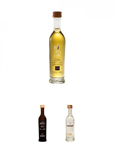 Marzadro Grappa 18Lune 0,04 Liter MINIATUR + Marzadro LA TRENTINA morbida 0,04 Liter MINIATUR + Marzadro Anfora Grappa Trentina 0,04 Liter MINIATUR von Diverse