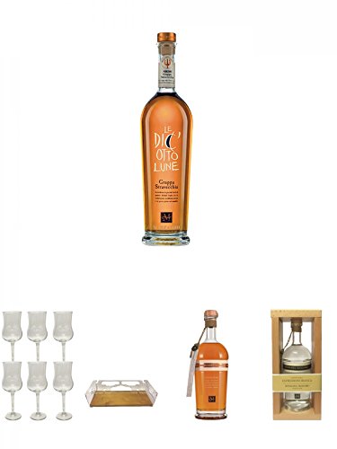 Marzadro Grappa 18Lune 0,7 Liter + Marzadro Grappa Gläser mit Eichstrich 2cl und 4cl 6 Stück + Marzadro Flaschenständer 1 Stück + Marzadro Grappa Espressioni Aromatica 0,7 Liter + Marzadro Grappa Espressioni Bianca 0,7 Liter von Unbekannt