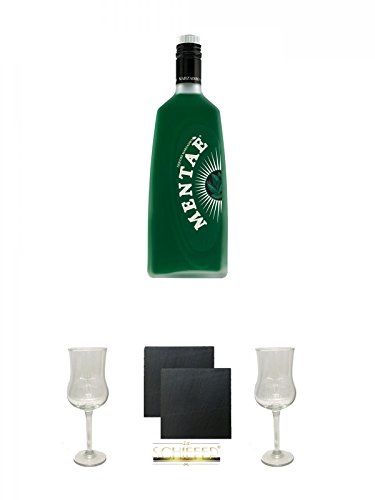 Marzadro Menta - Minze Likör 0,7 Liter + Marzadro Grappa Gläser mit Eichstrich 2cl und 4cl 1 Stück + Schiefer Glasuntersetzer eckig ca. 9,5 cm Ø 2 Stück + Marzadro Grappa Gläser mit Eichstrich 2cl und 4cl 1 Stück von Unbekannt