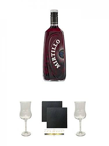 Marzadro Mirtillo - Blueberry mit Früchten Likör 0,2 Liter + Marzadro Grappa Gläser mit Eichstrich 2cl und 4cl 1 Stück + Schiefer Glasuntersetzer eckig ca. 9,5 cm Ø 2 Stück + Marzadro Grappa Gläser mit Eichstrich 2cl und 4cl 1 Stück von Unbekannt