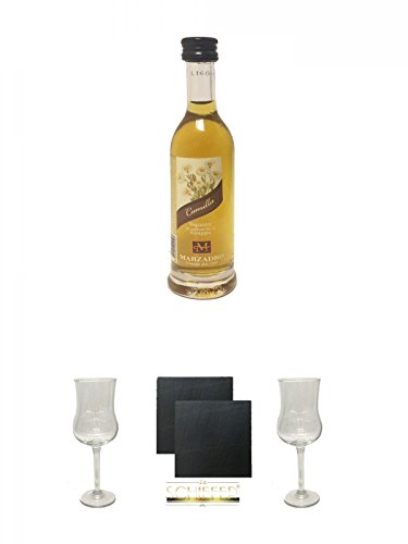 Marzadro Tradizione "LAGO di GARDA" Camilla Likör 0,04 Liter MINIATUR + Marzadro Grappa Gläser mit Eichstrich 2cl und 4cl 1 Stück + Schiefer Glasuntersetzer eckig ca. 9,5 cm Ø 2 Stück + Marzadro Grappa Gläser mit Eichstrich 2cl und 4cl 1 Stück von Unbekannt