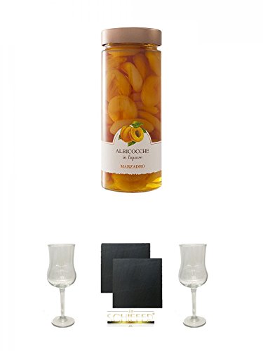 Marzadro Vaso Frutta Albicocche - Aprikosen Likör 0,35 Liter mit Früchten + Marzadro Grappa Gläser mit Eichstrich 2cl und 4cl 1 Stück + Schiefer Glasuntersetzer eckig ca. 9,5 cm Ø 2 Stück + Marzadro Grappa Gläser mit Eichstrich 2cl und 4cl 1 Stück von Unbekannt