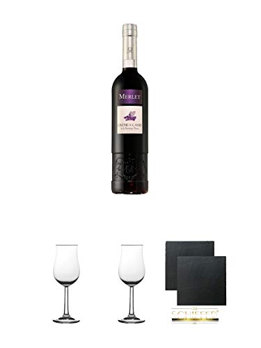 Merlet Creme de Cassis 0,7 Liter + 2 Bugatti Nosing Gläser mit Eichstrich 2cl und 4cl + 2 Schiefer Glasuntersetzer eckig ca. 9,5 cm Ø von Diverse