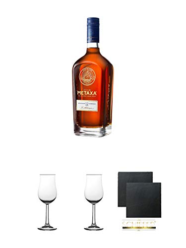 Metaxa 12* Sterne 12 Jahre alt 0,7 Liter + 2 Bugatti Nosing Gläser mit Eichstrich 2cl und 4cl + 2 Schiefer Glasuntersetzer eckig ca. 9,5 cm Ø von Diverse