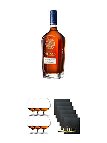 Metaxa 12* Sterne 12 Jahre alt 0,7 Liter + Cognacglas/Schwenker Stölzle 6 Gläser - 103/18 + Schiefer Glasuntersetzer eckig 6 x ca. 9,5 cm Durchmesser von Diverse