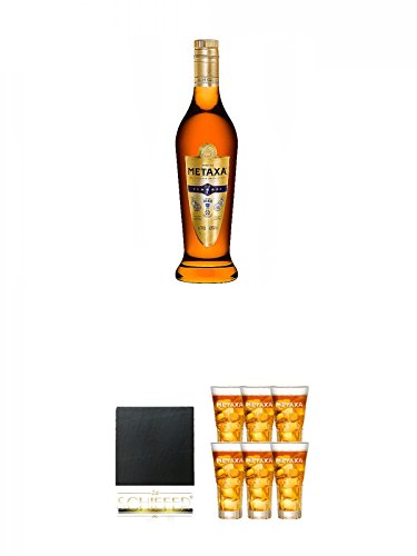 Metaxa 7* Sterne Weinbrand Brandy 0,7 Liter + Schiefer Glasuntersetzer eckig ca. 9,5 cm Durchmesser + Metaxa Spyro 6 x Gläser mit Eichstrich 2cl und 4cl von Diverse